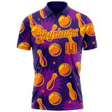 Custom Purple Orange-Light Yellow Bowling Ball And Pins Performance Polo Shirt