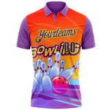 Custom Medium Purple Purple Orange-Light Yellow Bowling Ball And Pins Strike Performance Polo Shirt