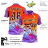 Custom Medium Purple Purple Orange-Light Yellow Bowling Ball And Pins Strike Performance Polo Shirt