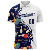 Custom White-Navy Bowling Ball And Pins Christmas Performance Polo Shirt