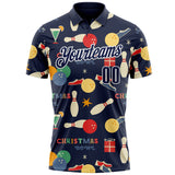 Custom Navy-White Bowling Ball And Pins Christmas Performance Polo Shirt
