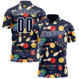 Custom Navy-White Bowling Ball And Pins Christmas Performance Polo Shirt