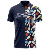 Custom Navy-White Bowling Ball And Pins Performance Polo Shirt