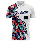 Custom White-Navy Bowling Ball And Pins Performance Polo Shirt