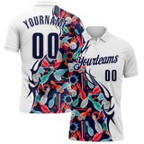 Custom White-Navy Bowling Ball And Pins Performance Polo Shirt