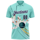 Custom Ice Blue Navy-White Bowling Ball And Pins Strike Performance Polo Shirt