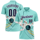 Custom Ice Blue Navy-White Bowling Ball And Pins Strike Performance Polo Shirt