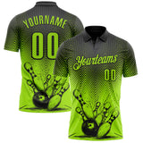 Custom Neon Green-Black Bowling Ball And Pins Strike Performance Polo Shirt