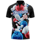 Custom Black White Red-Royal Bowling Ball And Pins Strike Performance Polo Shirt