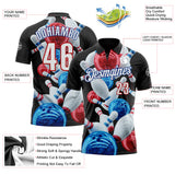Custom Black White Red-Royal Bowling Ball And Pins Strike Performance Polo Shirt