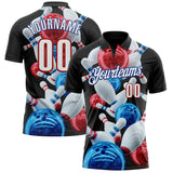 Custom Black White Red-Royal Bowling Ball And Pins Strike Performance Polo Shirt