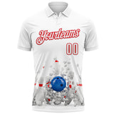 Custom White-Fire Red Bowling Ball And Pins Strike Performance Polo Shirt