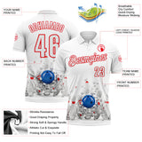 Custom White-Fire Red Bowling Ball And Pins Strike Performance Polo Shirt