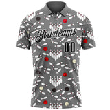 Custom Steel Gray Black-White Bowling Ball And Pins Strike Performance Polo Shirt