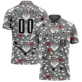 Custom Steel Gray Black-White Bowling Ball And Pins Strike Performance Polo Shirt
