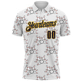 Custom White Navy-Gold Bowling Ball And Pins Strike Performance Polo Shirt