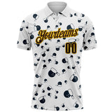 Custom White Brown-Yellow Bowling Ball And Pins Strike Performance Polo Shirt