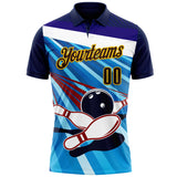 Custom Navy Brown Blue-Yellow Bowling Ball And Pins Strike Performance Polo Shirt
