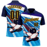 Custom Navy Brown Blue-Yellow Bowling Ball And Pins Strike Performance Polo Shirt