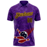 Custom Purple Brown-Yellow Bowling Ball And Pins Strike Performance Polo Shirt