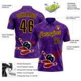 Custom Purple Brown-Yellow Bowling Ball And Pins Strike Performance Polo Shirt
