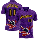 Custom Purple Brown-Yellow Bowling Ball And Pins Strike Performance Polo Shirt