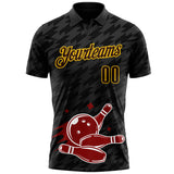 Custom Black Brown-Yellow Bowling Ball And Pins Strike Performance Polo Shirt