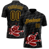 Custom Black Brown-Yellow Bowling Ball And Pins Strike Performance Polo Shirt