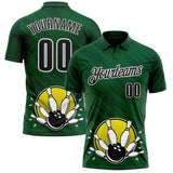Custom Green Black-White Bowling Ball And Pins Strike Performance Polo Shirt