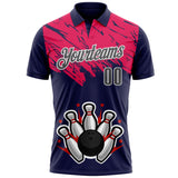 Custom Royal Steel Gray Hot Pink-White Bowling Ball And Pins Strike Performance Polo Shirt