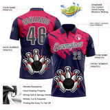 Custom Royal Steel Gray Hot Pink-White Bowling Ball And Pins Strike Performance Polo Shirt
