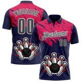 Custom Royal Steel Gray Hot Pink-White Bowling Ball And Pins Strike Performance Polo Shirt