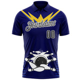 Custom Royal Steel Gray-White Bowling Ball And Pins Strike Performance Polo Shirt