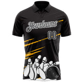 Custom Black Steel Gray-White Bowling Ball And Pins Strike Performance Polo Shirt