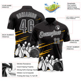 Custom Black Steel Gray-White Bowling Ball And Pins Strike Performance Polo Shirt