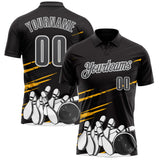 Custom Black Steel Gray-White Bowling Ball And Pins Strike Performance Polo Shirt