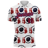 Custom White Red-Royal Bowling Ball And Pins Strike Performance Polo Shirt