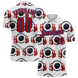 Custom White Red-Royal Bowling Ball And Pins Strike Performance Polo Shirt
