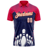 Custom Hot Pink White Navy-Orange Bowling Ball And Pins Strike Performance Polo Shirt