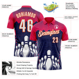 Custom Hot Pink White Navy-Orange Bowling Ball And Pins Strike Performance Polo Shirt