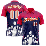Custom Hot Pink White Navy-Orange Bowling Ball And Pins Strike Performance Polo Shirt