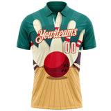 Custom Teal White City Cream-Orange Bowling Ball And Pins Strike Performance Polo Shirt