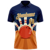 Custom Navy Old Gold Orange-City Cream Bowling Ball And Pins Strike Performance Polo Shirt