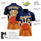 Custom Navy Old Gold Orange-City Cream Bowling Ball And Pins Strike Performance Polo Shirt