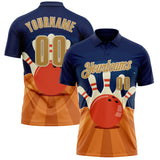 Custom Navy Old Gold Orange-City Cream Bowling Ball And Pins Strike Performance Polo Shirt