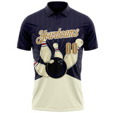 Custom Dark Purple Old Gold Cream-White Bowling Ball And Pins Strike Performance Polo Shirt