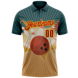 Custom Teal Red Old Gold-Yellow Bowling Ball And Pins Strike Performance Polo Shirt