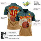 Custom Teal Red Old Gold-Yellow Bowling Ball And Pins Strike Performance Polo Shirt