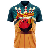Custom Teal Red-Yellow Bowling Ball And Pins Strike Performance Polo Shirt