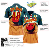 Custom Teal Red-Yellow Bowling Ball And Pins Strike Performance Polo Shirt